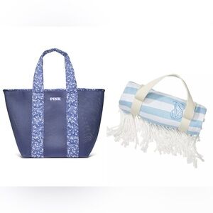 Victoria’s Secret Mesh Pool Beach Blue Floral Tote + Nautical Striped Towel Set